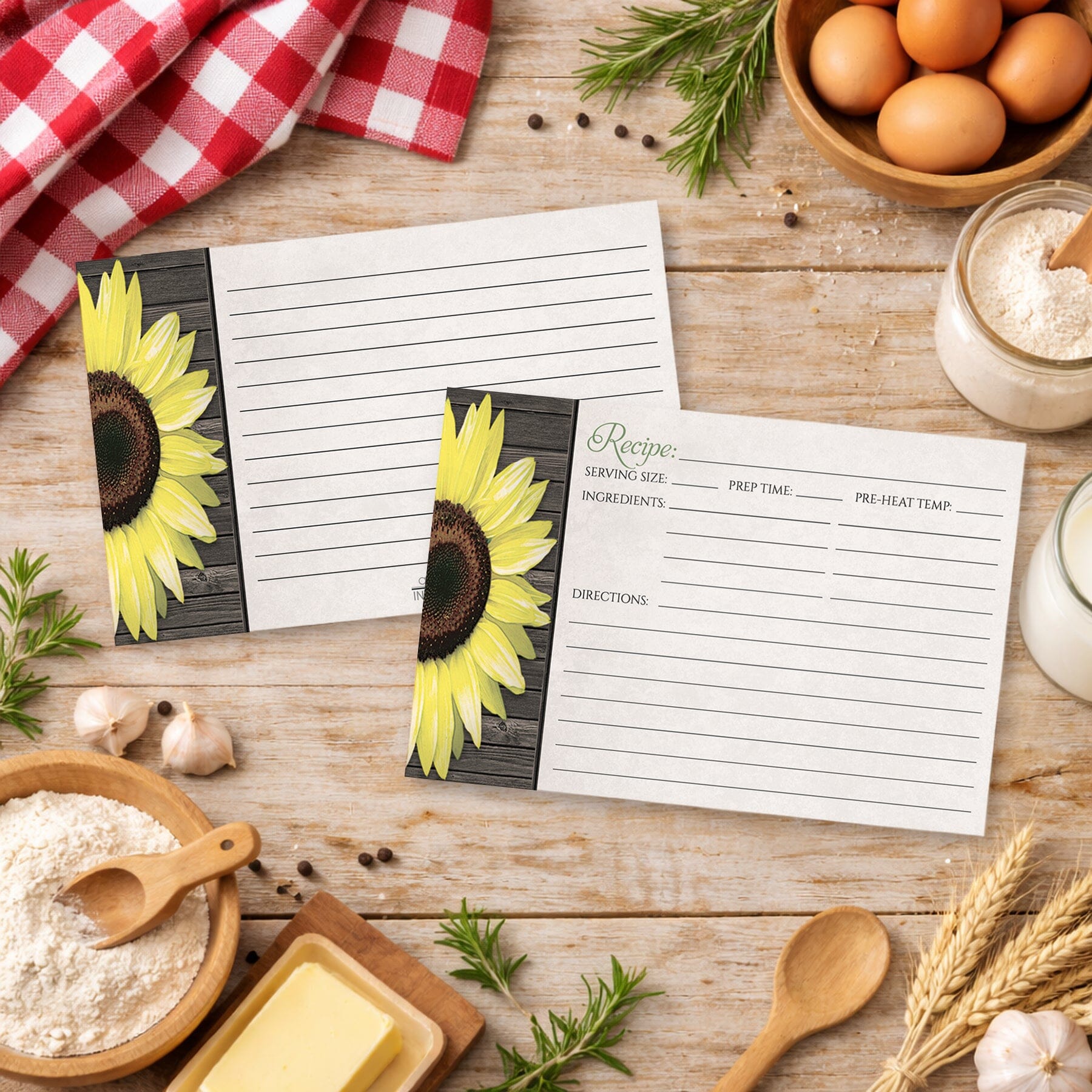 A set of Rustic Sunflower and Wood Recipe Cards on a country wood table with ingredients and rustic decor