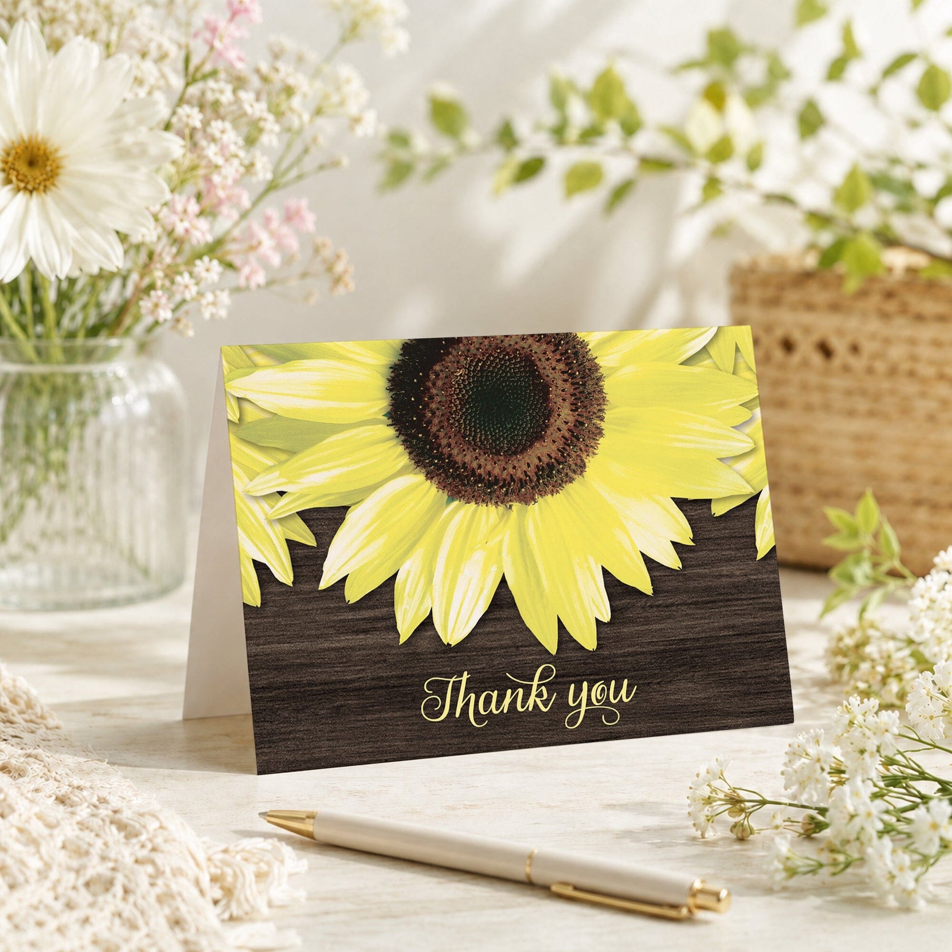 Rustic Sunflower and Wood Thank You Card shown on a tabletop with summer flowers and a pen.