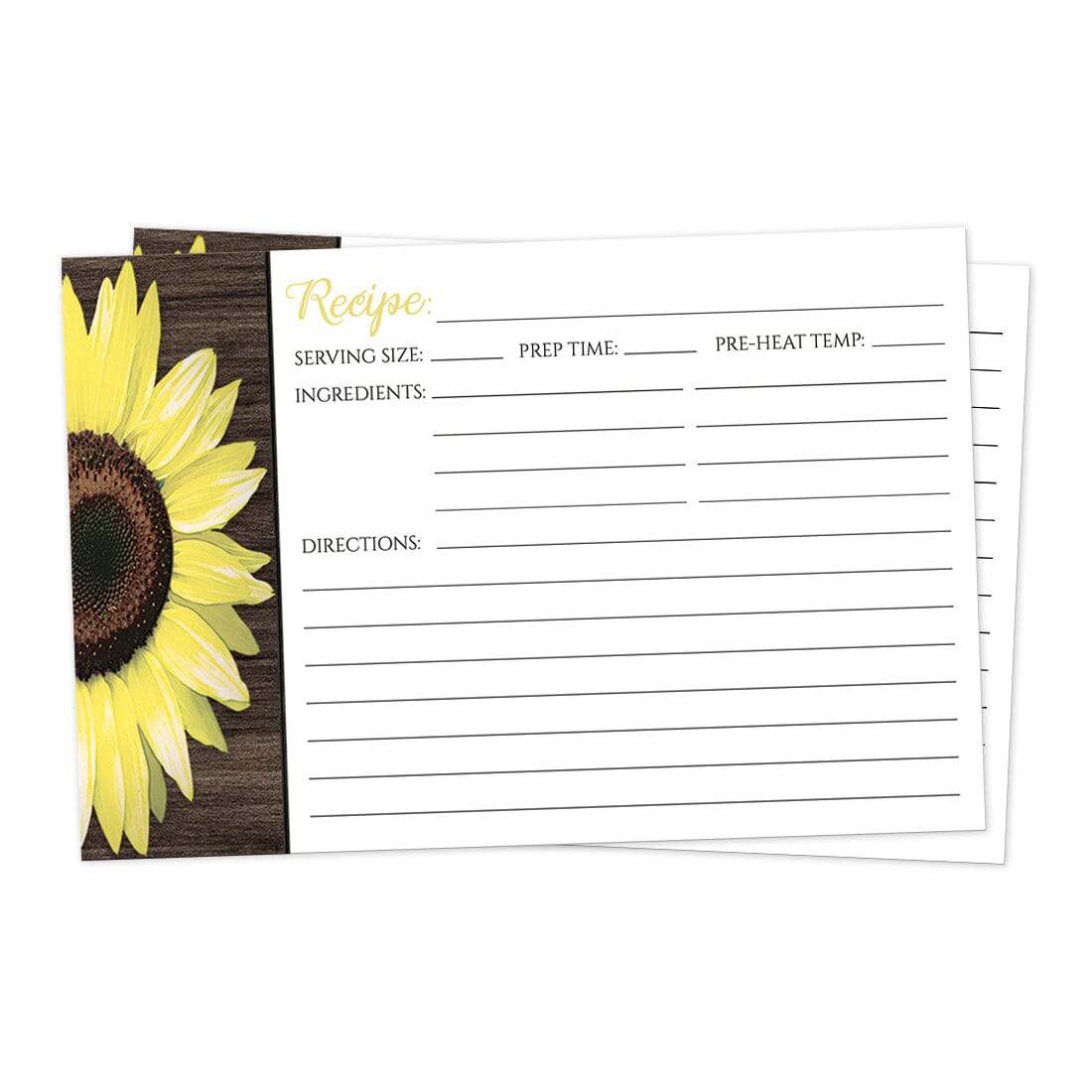 Front side of the Rustic Sunflower and Wood White Recipe Cards