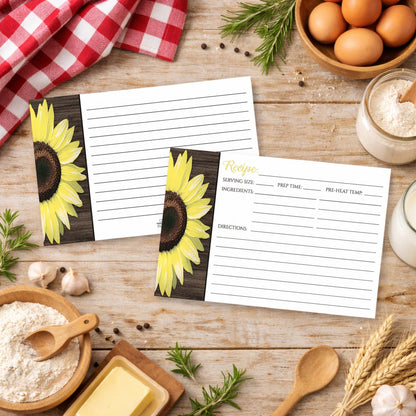 Two Rustic Sunflower and Wood White Recipe Cards on a country wooden table with cooking ingredients.