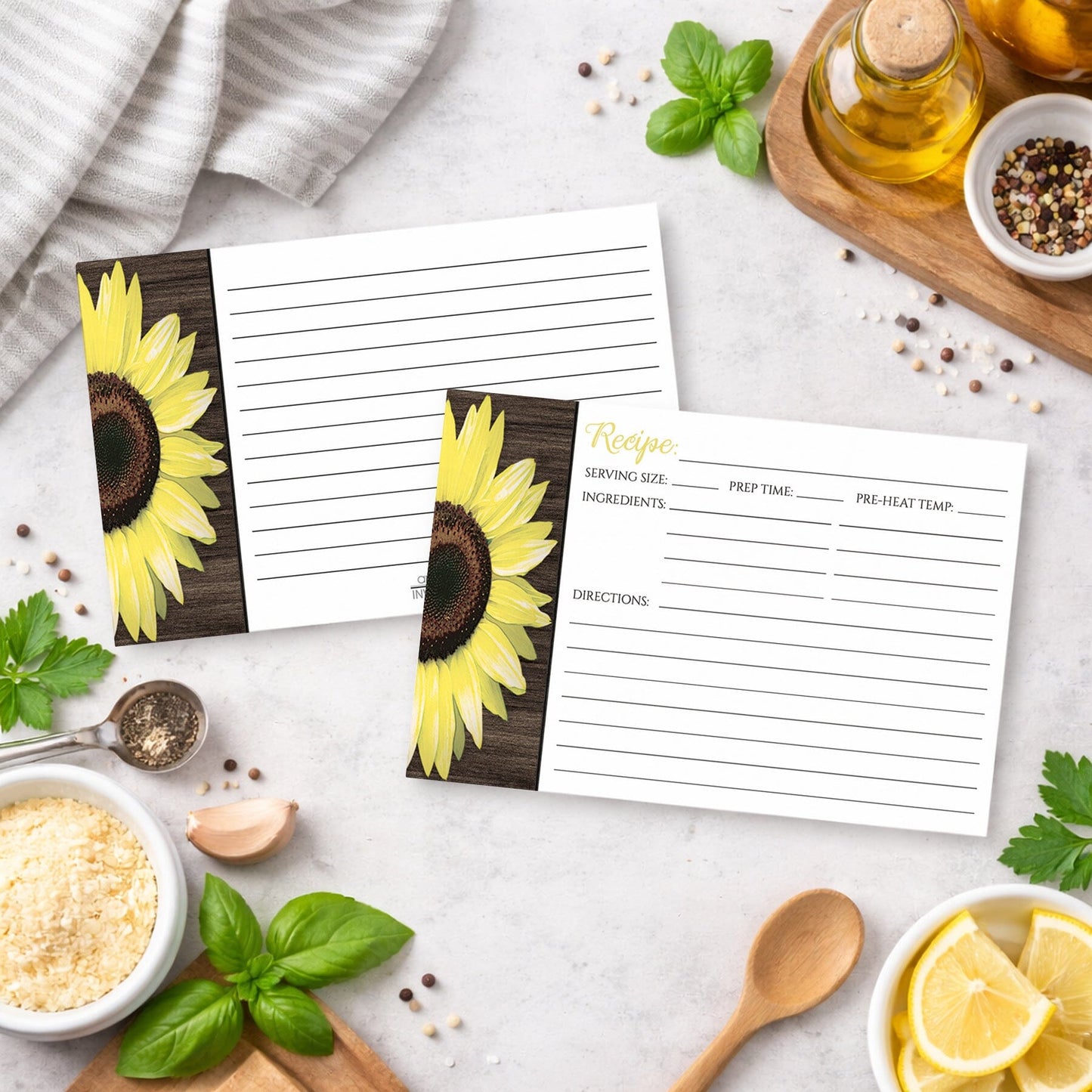Set of Rustic Sunflower and Wood White Recipe Cards on a kitchen counter with ingredients.