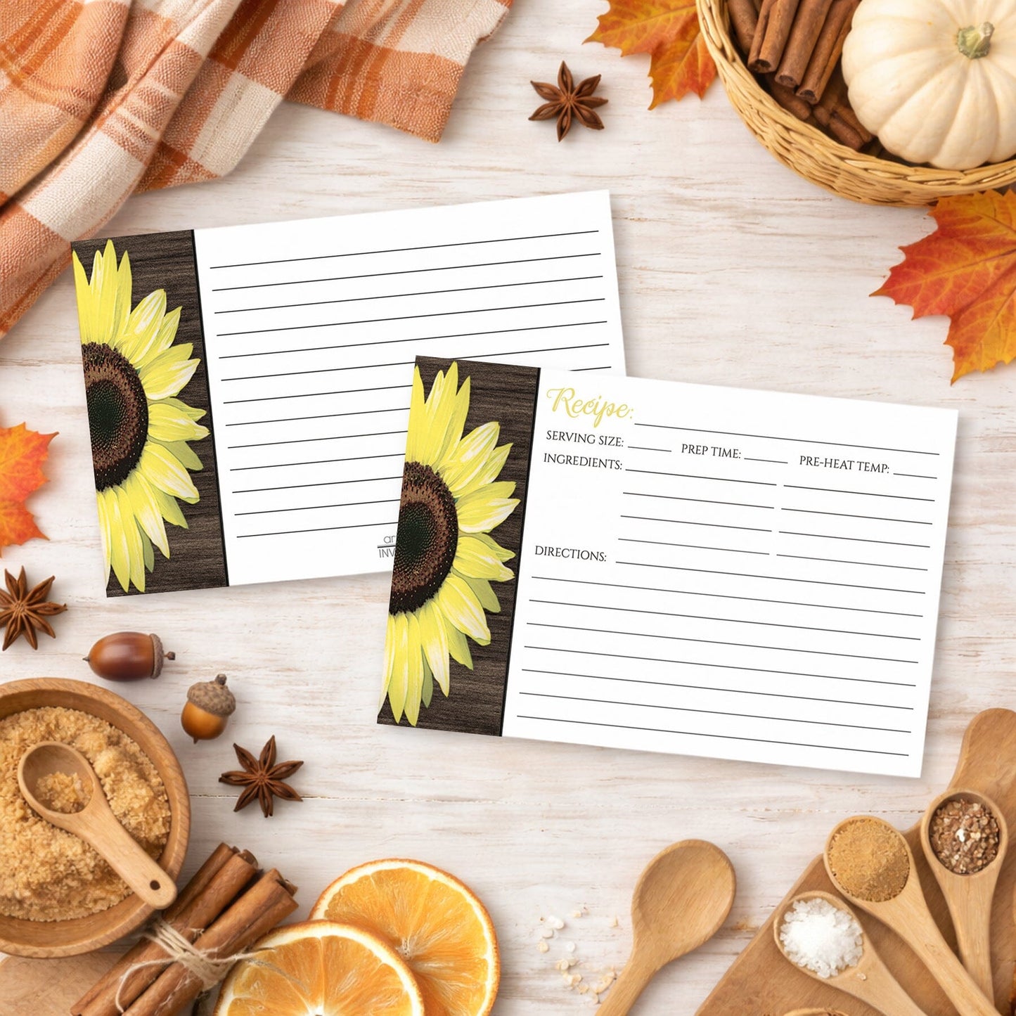 Rustic Sunflower and Wood White Recipe Cards on a wooden surface with autumn decorations and fall ingredients