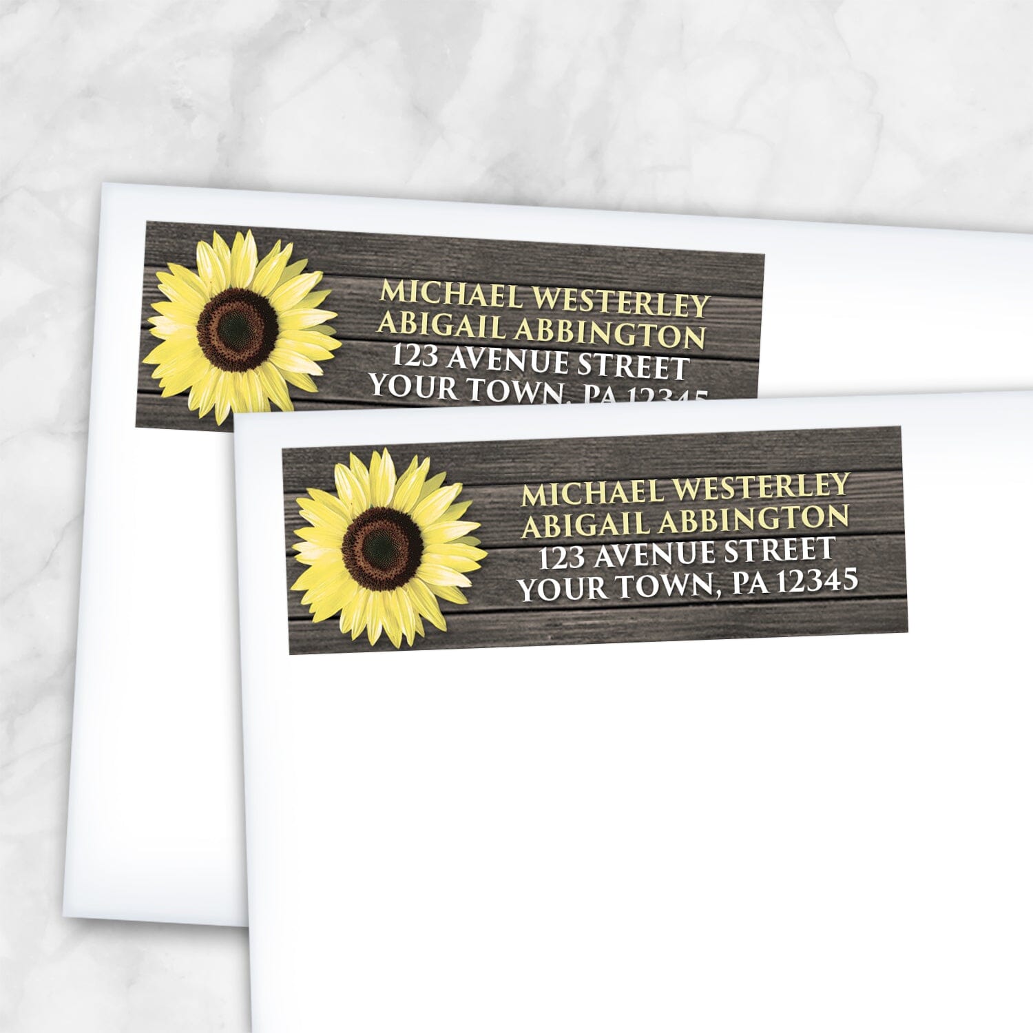 2 Rustic Sunflower on Wood Address Labels shown on white envelopes on a marble surface