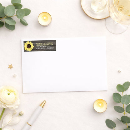 Rustic Sunflower on Wood Address Label shown on a white envelope with wedding or shower supplies