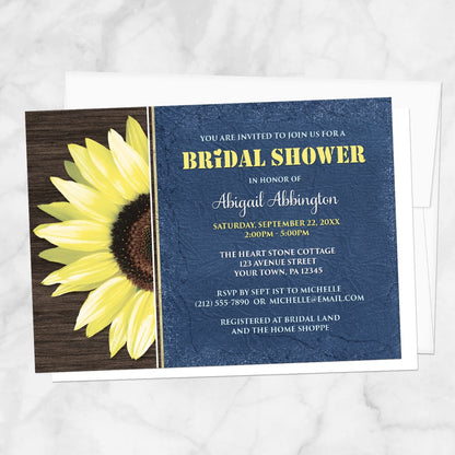 Rustic Sunflower with Blue Bridal Shower Invitation shown on a marble surface with a white envelope.