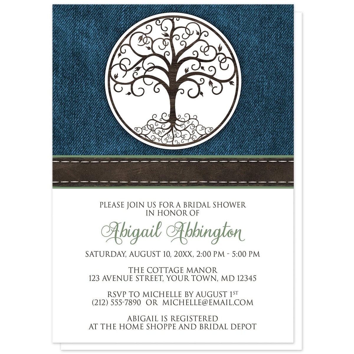 A bridal shower invitation card featuring a blue denim texture top section with a circular tree-of-life emblem, a brown faux-stitch band, and a white lower section with event details in brown and green text.
