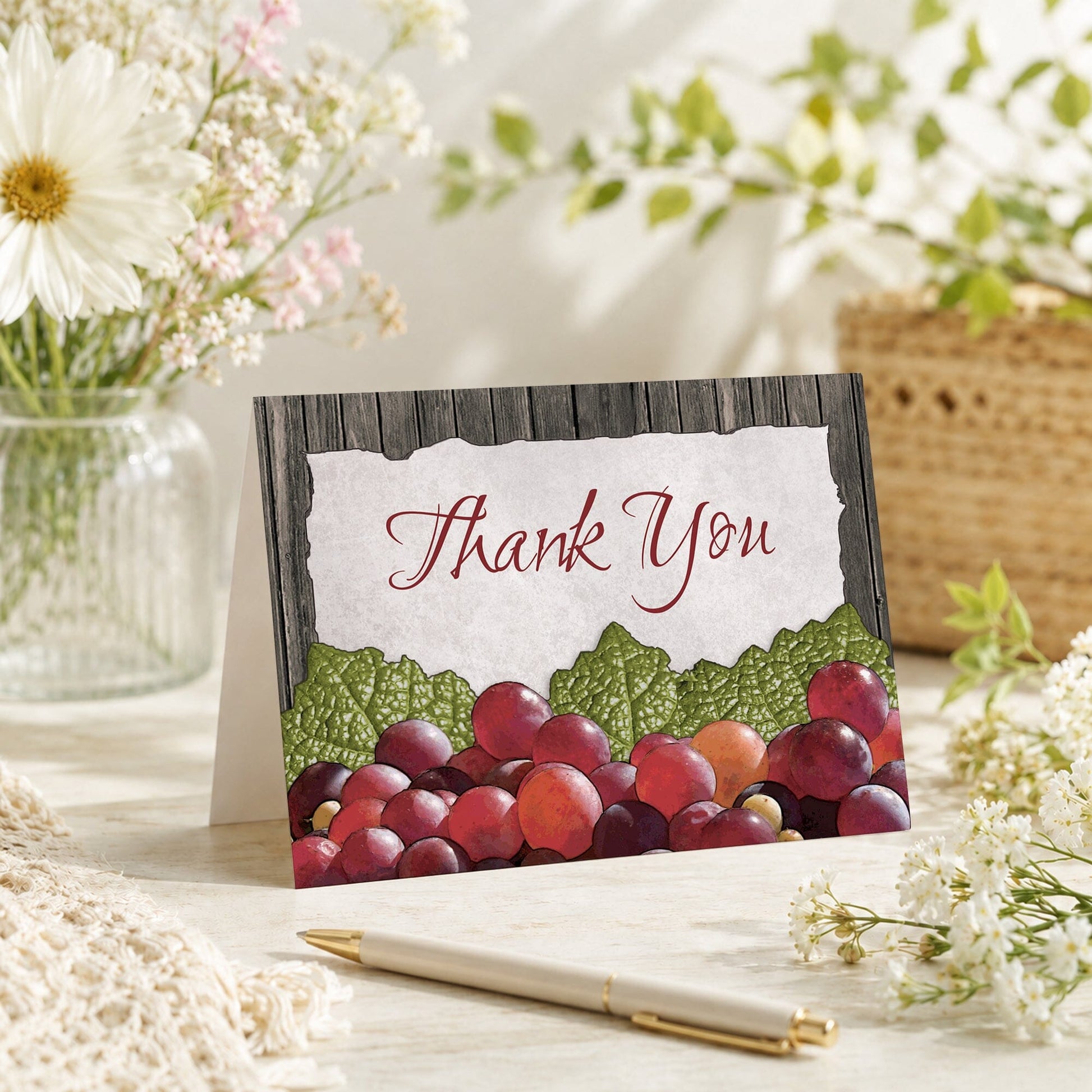 Rustic Winery Grapes Thank You Card shown on a tabletop with a vase, spring and summer flowers, and a pen.