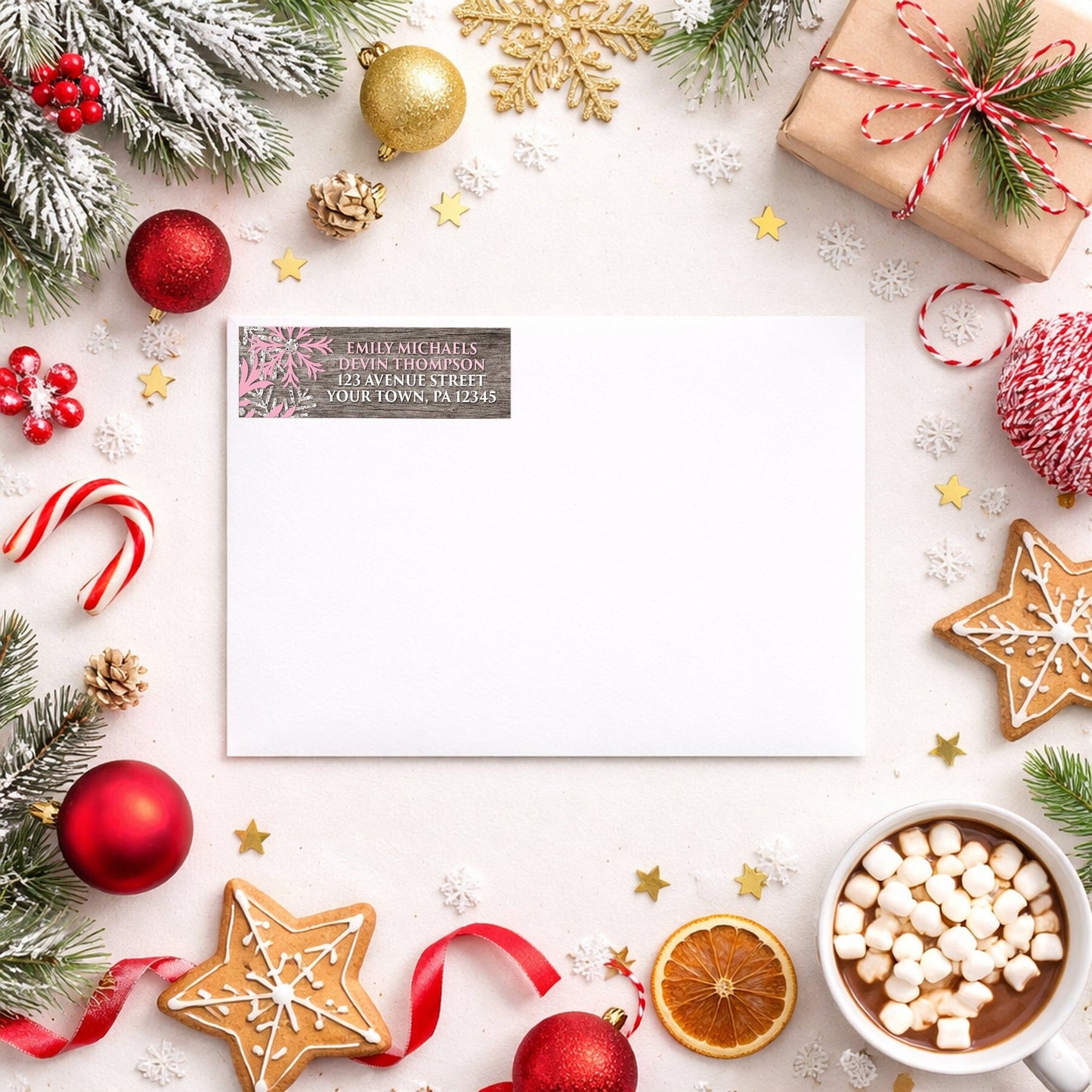 Rustic Winter Wood Pink Snowflake Address Label shown on a white envelope with Christmas holiday supplies