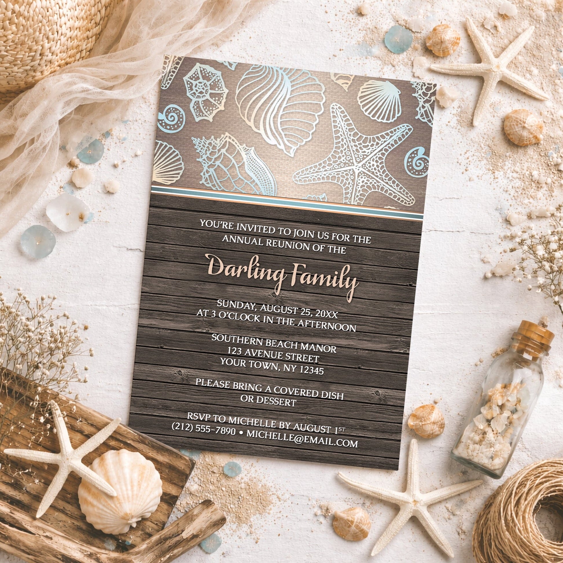 Rustic Wood Beach Seashell Family Reunion Invitation surrounded by starfish, shells, sand, and driftwood.