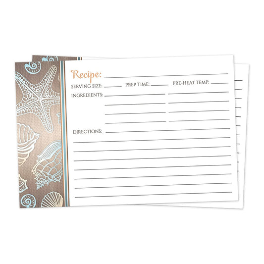 Front side of the Rustic Wood Beach Seashell Recipe Cards