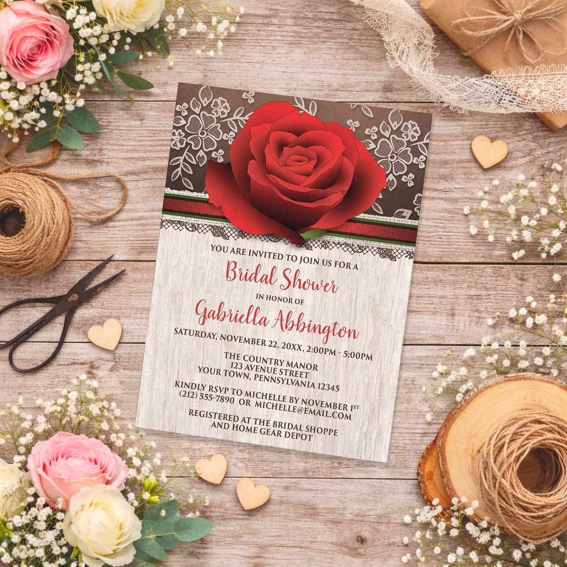 Rustic Wood Lace Red Rose Bridal Shower Invitation on a rustic wood surface with flowers and twine.
