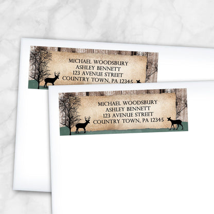 Two Rustic Woodsy Deer Address Labels shown on envelopes