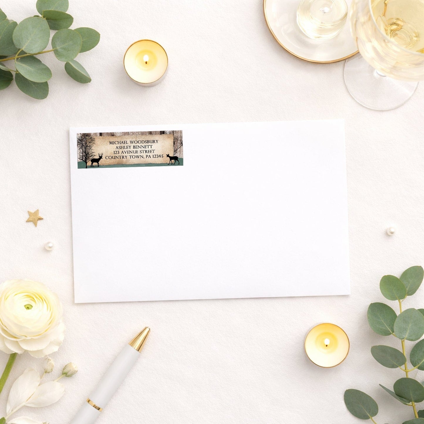 Rustic Woodsy Deer Address Label shown on an envelope with elegant supplies