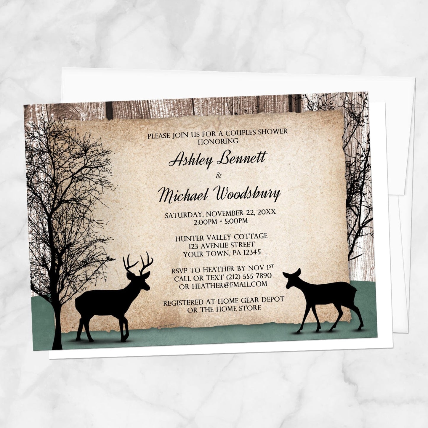 Rustic Woodsy Deer Couples Shower Invitation shown on a marble surface with a white envelope.