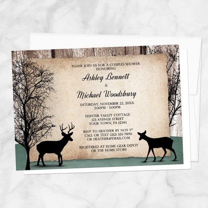 Rustic Woodsy Deer Couples Shower Invitation shown on a marble surface with a white envelope.