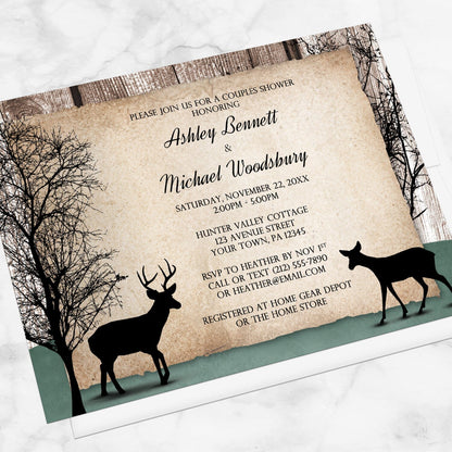 Rustic Woodsy Deer Couples Shower Invitation shown at an angle on a marble surface with a white envelope.
