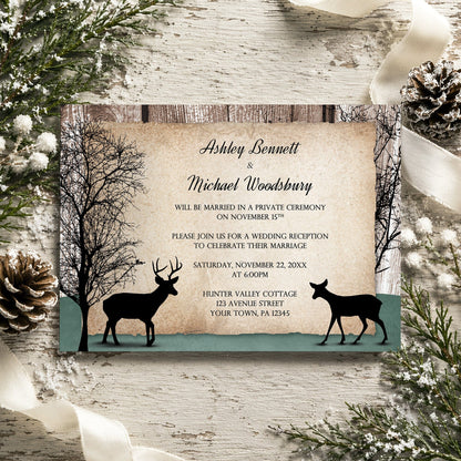 Rustic woodsy deer reception only invitation with black buck and doe silhouettes, bare trees, weathered brown wood, hunter green accent, and parchment-style wording, styled on rustic white wood surface with winter greenery, pinecones, and ribbons.