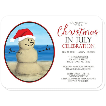 Sand Snowman Christmas in July Invitations (with rounded corners) at Artistically Invited. Modern sand snowman Christmas in July invitations with a unique illustration of a snowman made from sand and wearing a Santa Hat on the beach in front of the open water in an oval frame. Your personalized Christmas in July party details are custom printed in red and black over white to the right of the sand snowman drawing. 
