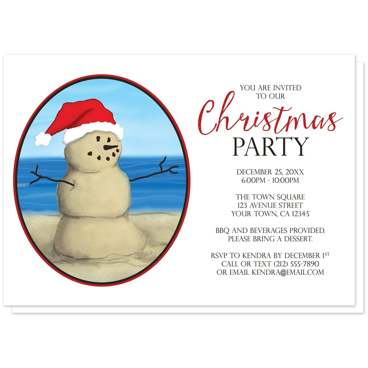 Sand snowman beach Christmas party invitation featuring a smiling sand snowman wearing a red Santa hat beside blue ocean water, with personalized Christmas party details in red and black on white.
