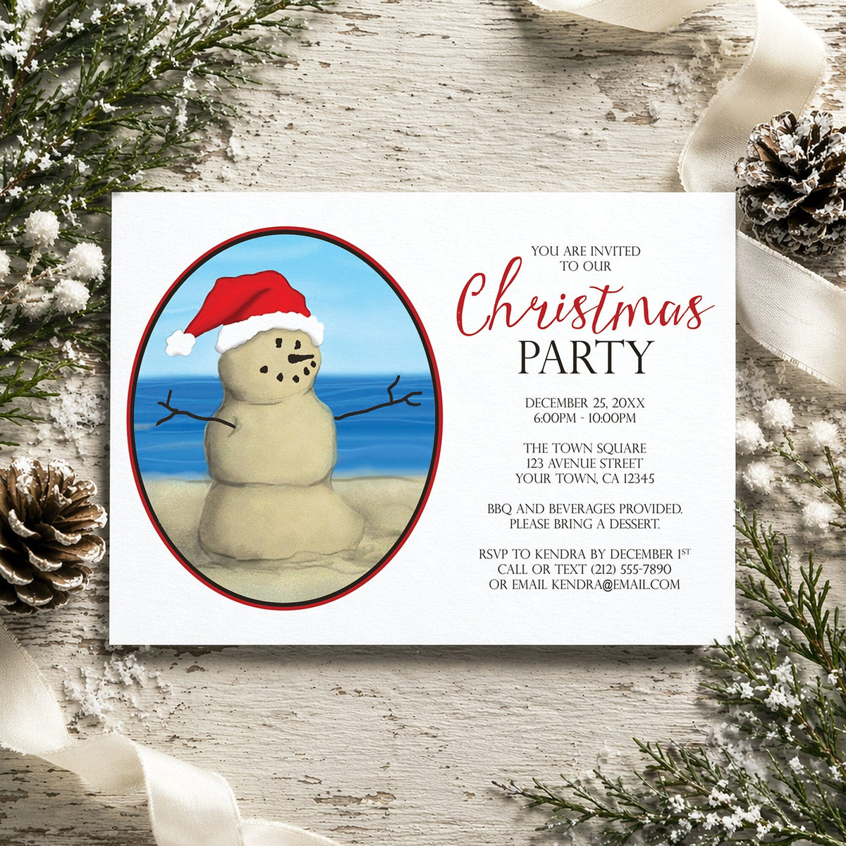 Sand snowman beach Christmas party invitation featuring a smiling sand snowman wearing a red Santa hat beside blue ocean water, with personalized Christmas party details in red and black on white, styled on a rustic white wood surface with winter greenery, pinecones, and ribbons.