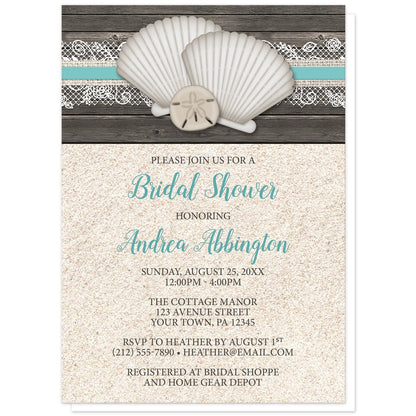 Seashell Lace Wood and Sand Beach Bridal Shower Invitations at Artistically Invited. Rustic seashell lace wood and sand beach bridal shower invitations with two seashells and a sand dollar on a teal, burlap and lace ribbon over a dark brown wood pattern along the top. Your personalized bridal shower celebration details are custom printed in dark brown and teal over a beige sand background design below the seashells.