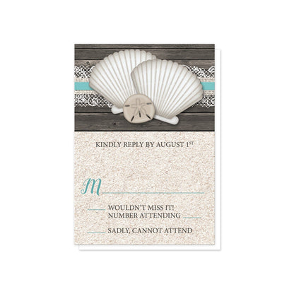 Seashell Lace Wood and Sand Beach RSVP Cards at Artistically Invited.