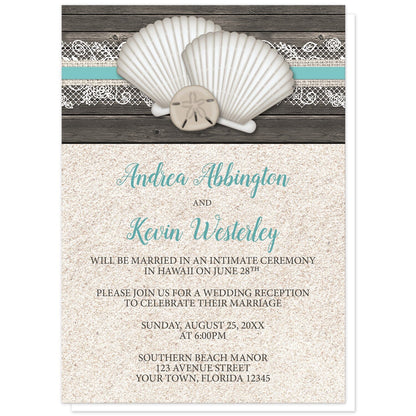 Seashell Lace Wood and Sand Beach Reception Only Invitations at Artistically Invited. Rustic seashell lace wood and sand beach reception only invitations with two seashells and a sand dollar on a teal, burlap and lace ribbon over a dark brown wood pattern along the top. Your personalized post-wedding reception details are custom printed in dark brown and teal over a beige sand background design below the seashells.
