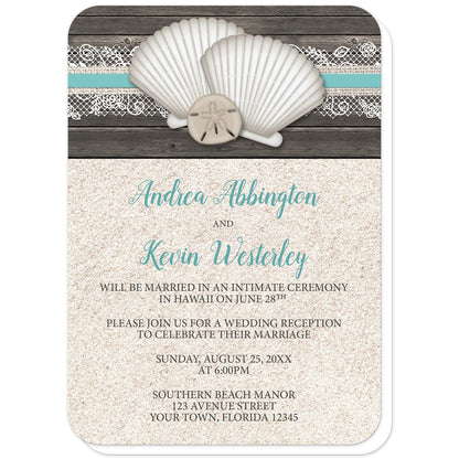 Seashell Lace Wood and Sand Beach Reception Only Invitations (with rounded corners) at Artistically Invited. Rustic seashell lace wood and sand beach reception only invitations with two seashells and a sand dollar on a teal, burlap and lace ribbon over a dark brown wood pattern along the top. Your personalized post-wedding reception details are custom printed in dark brown and teal over a beige sand background design below the seashells.