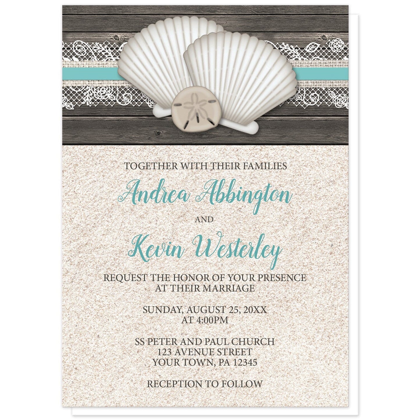 Seashell Lace Wood and Sand Beach Wedding Invitations at Artistically Invited. Rustic seashell lace wood and sand beach wedding invitations with two seashells and a sand dollar on a teal, burlap and lace ribbon over a dark brown wood pattern along the top. Your personalized marriage celebration details are custom printed in dark brown and teal over a beige sand background design below the seashells.