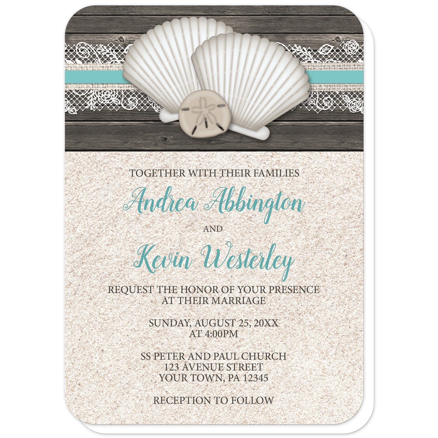 Seashell Lace Wood and Sand Beach Wedding Invitations (with rounded corners) at Artistically Invited. Rustic seashell lace wood and sand beach wedding invitations with two seashells and a sand dollar on a teal, burlap and lace ribbon over a dark brown wood pattern along the top. Your personalized marriage celebration details are custom printed in dark brown and teal over a beige sand background design below the seashells.