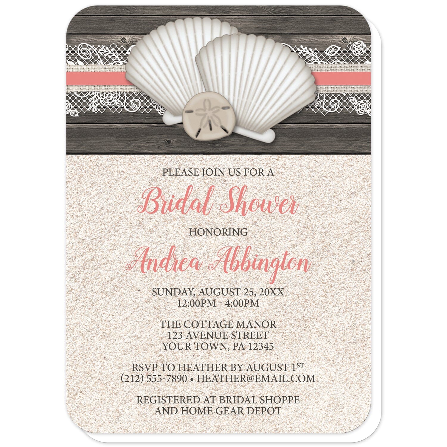 Seashell Lace Wood and Sand Coral Beach Bridal Shower Invitations (with rounded corners) at Artistically Invited. Rustic seashell lace wood and sand coral beach bridal shower invitations with two seashells and a sand dollar on a coral, burlap and lace ribbon over a dark brown wood pattern along the top. Your personalized bridal shower celebration details are custom printed in dark brown and coral over a beige sand background design below the seashells.