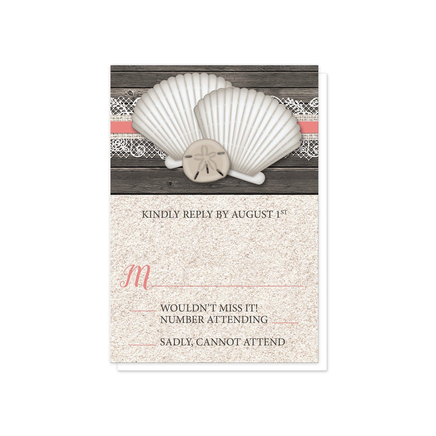 Seashell Lace Wood and Sand Coral Beach RSVP Cards at Artistically Invited.