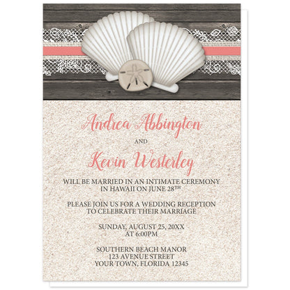 Seashell Lace Wood and Sand Coral Beach Reception Only Invitations at Artistically Invited. Rustic seashell lace wood and sand coral beach reception only invitations with two seashells and a sand dollar on a coral, burlap and lace ribbon over a dark brown wood pattern along the top. Your personalized post-wedding reception details are custom printed in dark brown and coral over a beige sand background design below the seashells.