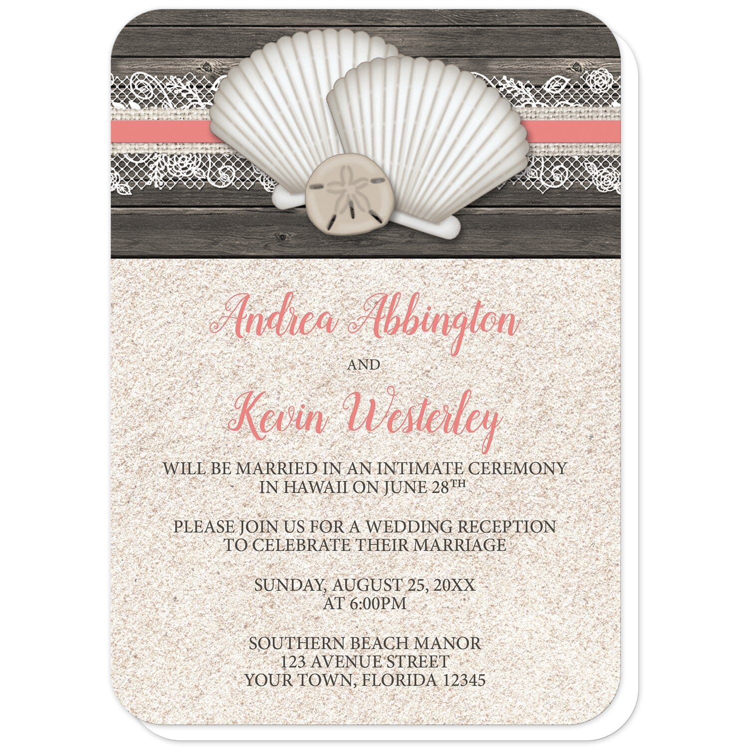 Seashell Lace Wood and Sand Coral Beach Reception Only Invitations (with rounded corners) at Artistically Invited. Rustic seashell lace wood and sand coral beach reception only invitations with two seashells and a sand dollar on a coral, burlap and lace ribbon over a dark brown wood pattern along the top. Your personalized post-wedding reception details are custom printed in dark brown and coral over a beige sand background design below the seashells.