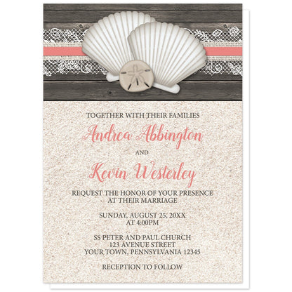 Seashell Lace Wood and Sand Coral Beach Wedding Invitations at Artistically Invited. Rustic seashell lace wood and sand coral beach wedding invitations with two seashells and a sand dollar on a coral, burlap and lace ribbon over a dark brown wood pattern along the top. Your personalized marriage celebration details are custom printed in dark brown and coral over a beige sand background design below the seashells.