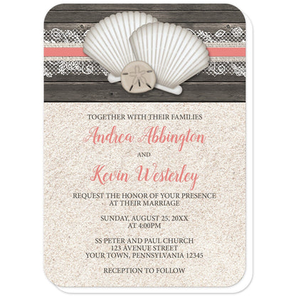 Seashell Lace Wood and Sand Coral Beach Wedding Invitations (with rounded corners) at Artistically Invited. Rustic seashell lace wood and sand coral beach wedding invitations with two seashells and a sand dollar on a coral, burlap and lace ribbon over a dark brown wood pattern along the top. Your personalized marriage celebration details are custom printed in dark brown and coral over a beige sand background design below the seashells.