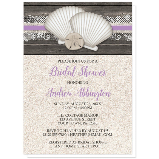 Seashell Lace Wood and Sand Purple Beach Bridal Shower Invitations at Artistically Invited. Rustic seashell lace wood and sand purple beach bridal shower invitations with two seashells and a sand dollar on a purple, burlap and lace ribbon over a dark brown wood pattern along the top. Your personalized bridal shower celebration details are custom printed in dark brown and purple over a beige sand background design below the seashells.