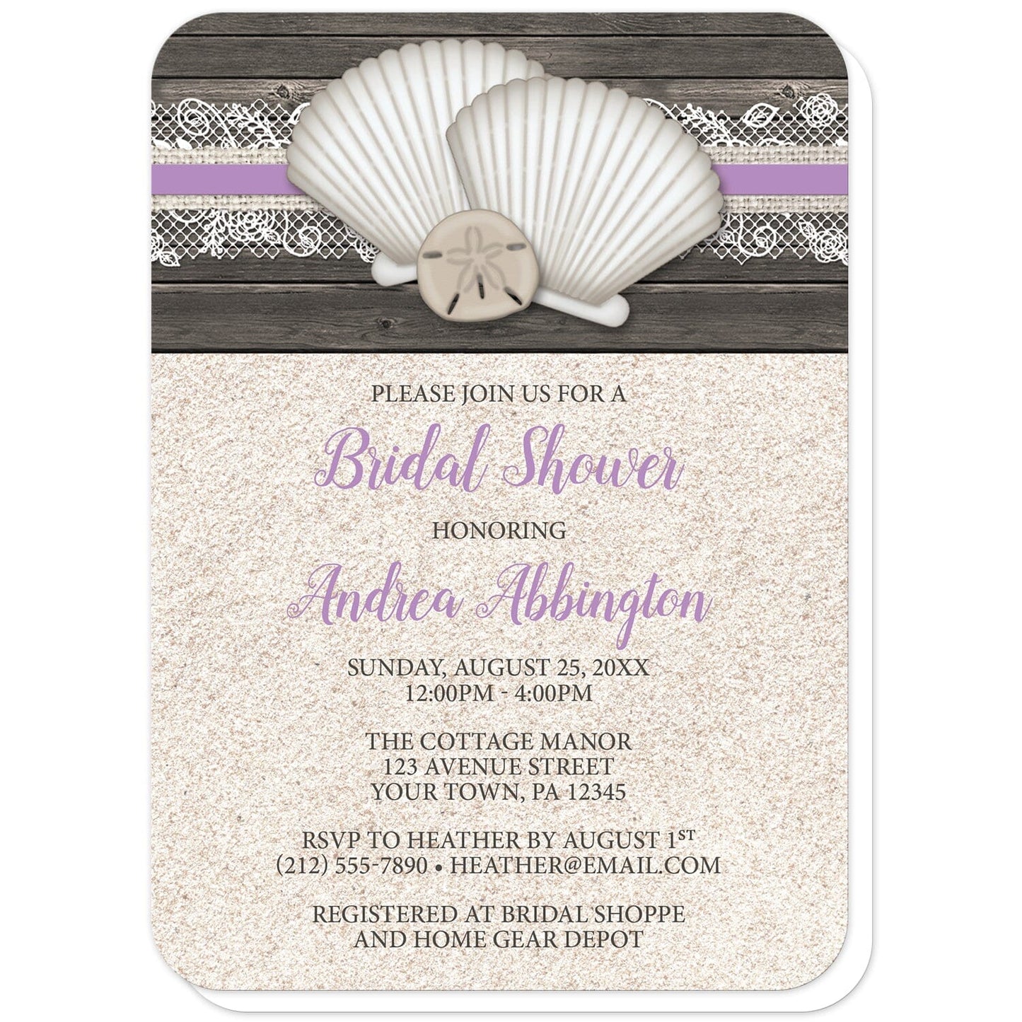Seashell Lace Wood and Sand Purple Beach Bridal Shower Invitations (with rounded corners) at Artistically Invited. Rustic seashell lace wood and sand purple beach bridal shower invitations with two seashells and a sand dollar on a purple, burlap and lace ribbon over a dark brown wood pattern along the top. Your personalized bridal shower celebration details are custom printed in dark brown and purple over a beige sand background design below the seashells.