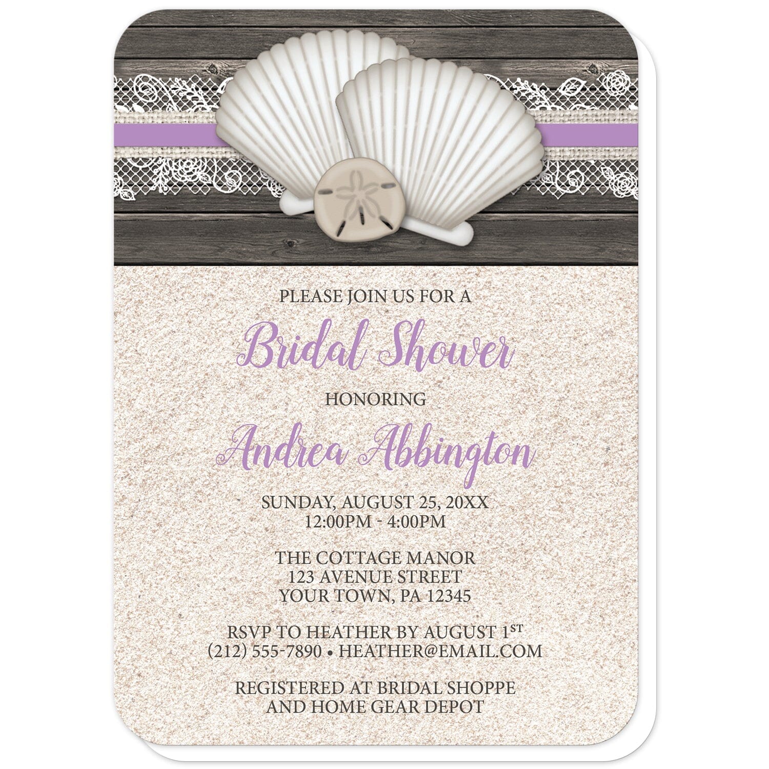 Seashell Lace Wood and Sand Purple Beach Bridal Shower Invitations (with rounded corners) at Artistically Invited. Rustic seashell lace wood and sand purple beach bridal shower invitations with two seashells and a sand dollar on a purple, burlap and lace ribbon over a dark brown wood pattern along the top. Your personalized bridal shower celebration details are custom printed in dark brown and purple over a beige sand background design below the seashells.