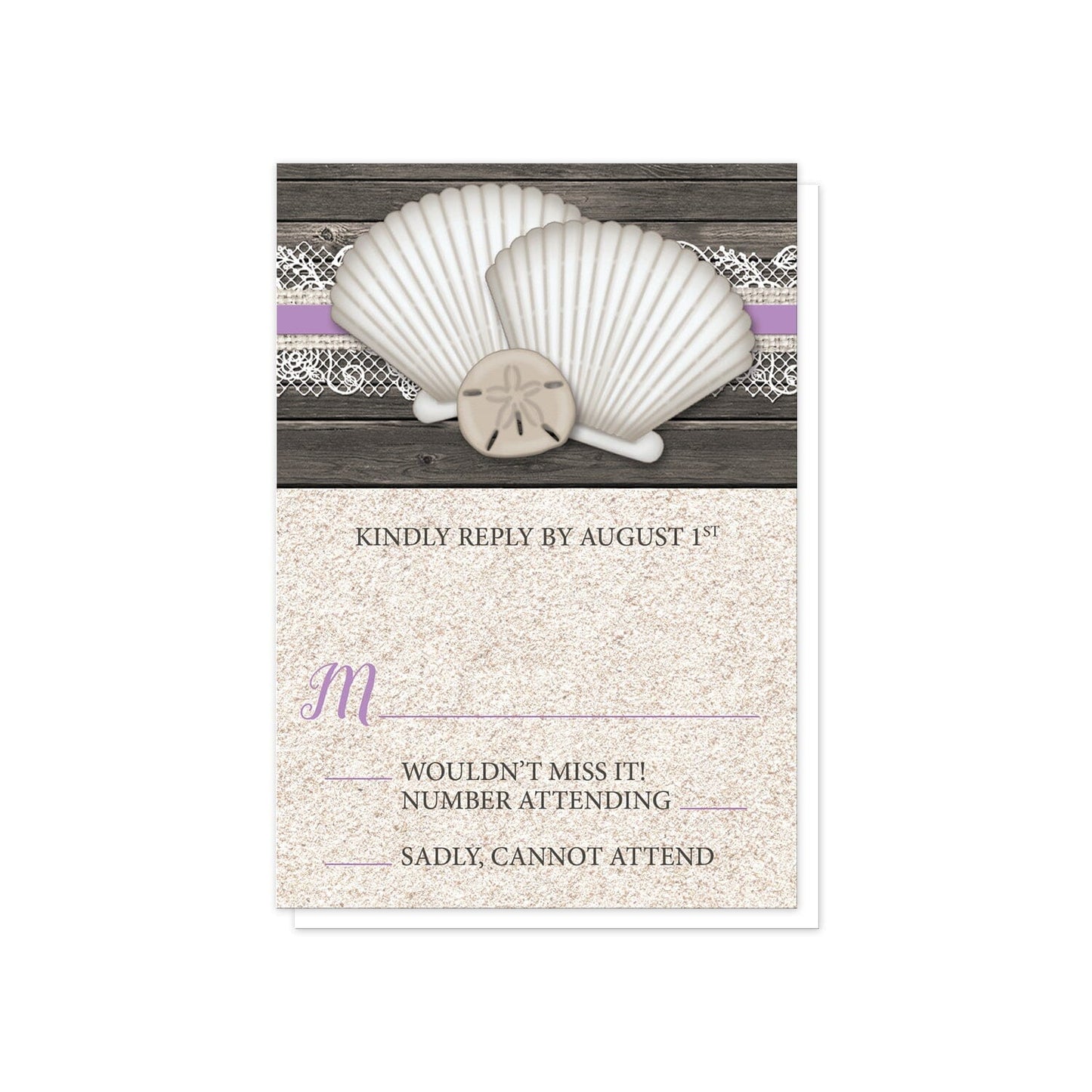 Seashell Lace Wood and Sand Purple Beach RSVP Cards at Artistically Invited.