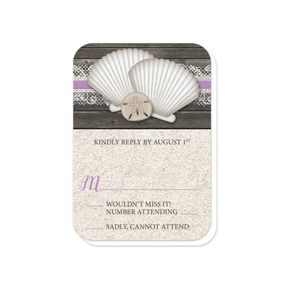 Seashell Lace Wood and Sand Purple Beach RSVP Cards (with rounded corners) at Artistically Invited.