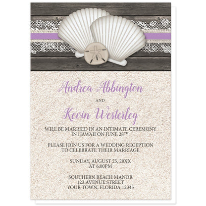 Seashell Lace Wood and Sand Purple Beach Reception Only Invitations at Artistically Invited. Rustic seashell lace wood and sand purple beach reception only invitations with two seashells and a sand dollar on a purple, burlap and lace ribbon over a dark brown wood pattern along the top. Your personalized post-wedding reception details are custom printed in dark brown and purple over a beige sand background design below the seashells.