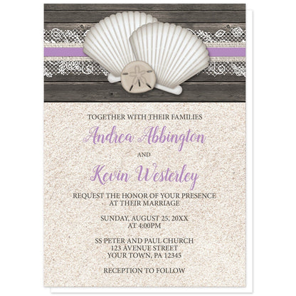 Seashell Lace Wood and Sand Purple Beach Wedding Invitations at Artistically Invited. Rustic seashell lace wood and sand purple beach wedding invitations with two seashells and a sand dollar on a purple, burlap and lace ribbon over a dark brown wood pattern along the top. Your personalized marriage celebration details are custom printed in dark brown and purple over a beige sand background design below the seashells.