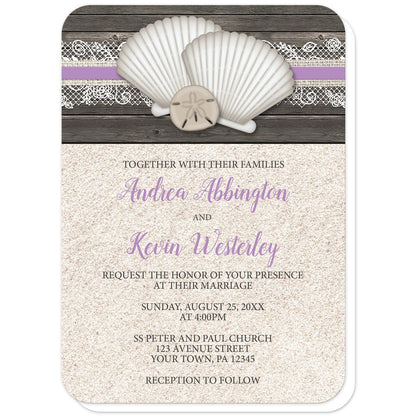 Seashell Lace Wood and Sand Purple Beach Wedding Invitations (with rounded corners) at Artistically Invited. Rustic seashell lace wood and sand purple beach wedding invitations with two seashells and a sand dollar on a purple, burlap and lace ribbon over a dark brown wood pattern along the top. Your personalized marriage celebration details are custom printed in dark brown and purple over a beige sand background design below the seashells.