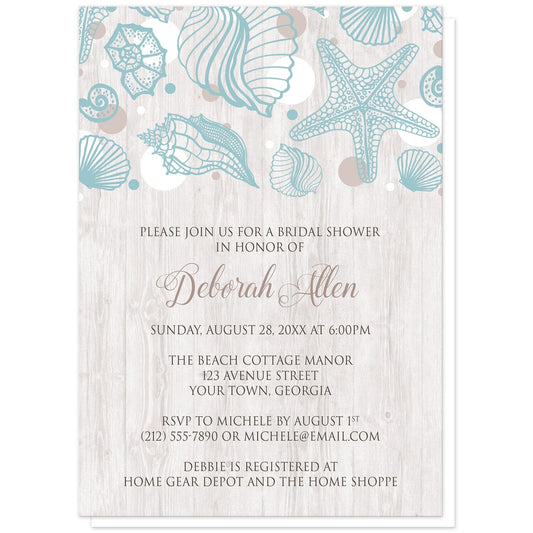 Seashell Whitewashed Wood Beach Bridal Shower Invitations at Artistically Invited. Rustic-chic seashell whitewashed wood beach bridal shower invitations with a turquoise seashell line drawing with accent tan and white dots over a light whitewashed wood illustration. Your personalized bridal shower celebration details are custom printed in tan and brown over the whitewashed wood background below the seashells.