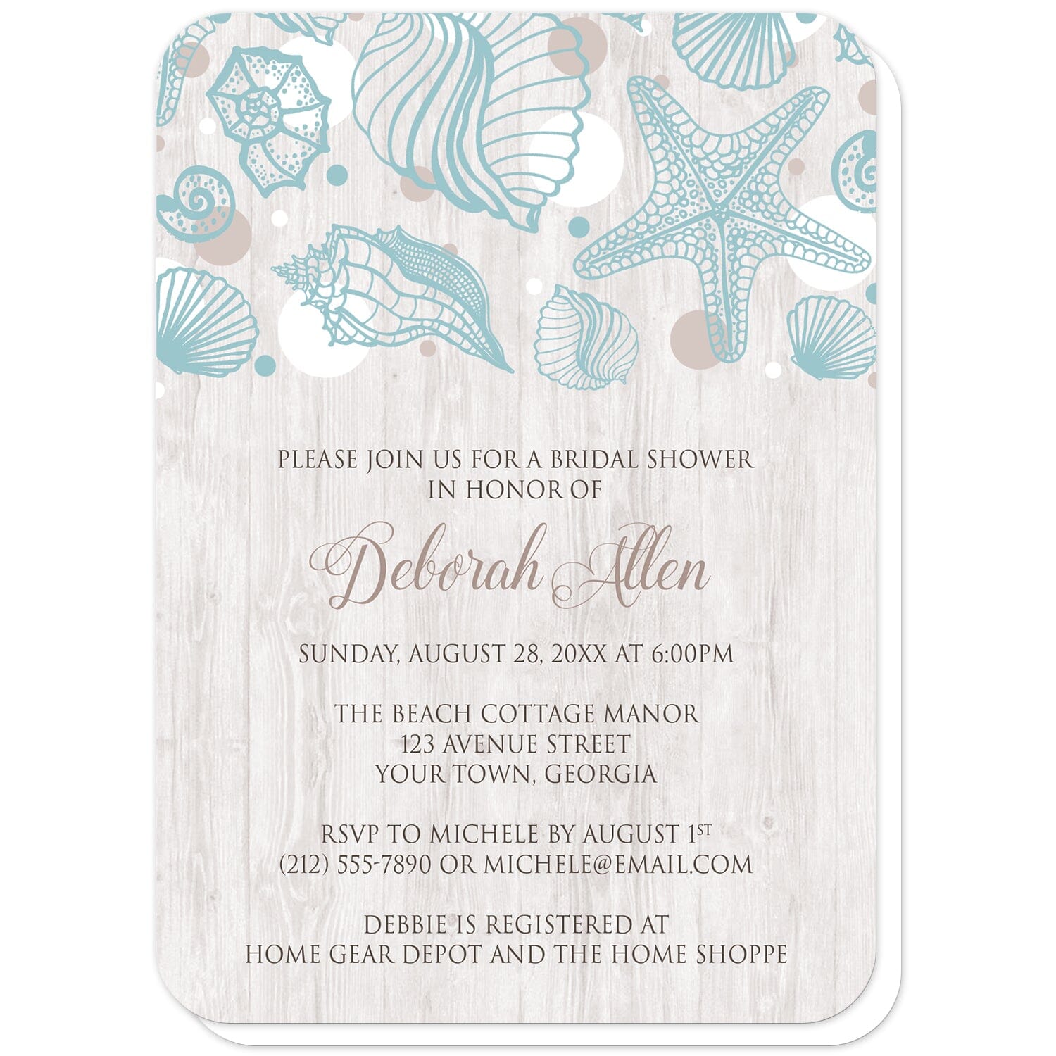 Seashell Whitewashed Wood Beach Bridal Shower Invitations (with rounded corners) at Artistically Invited. Rustic-chic seashell whitewashed wood beach bridal shower invitations with a turquoise seashell line drawing with accent tan and white dots over a light whitewashed wood illustration. Your personalized bridal shower celebration details are custom printed in tan and brown over the whitewashed wood background below the seashells.