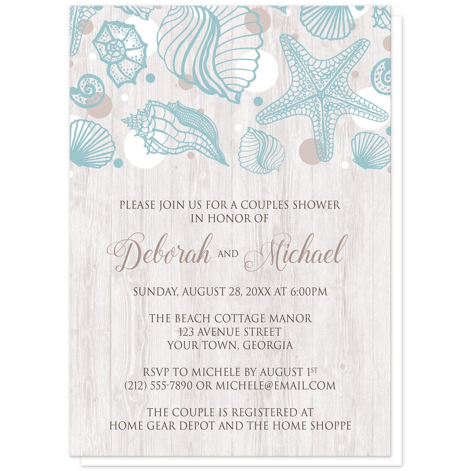 Seashell Whitewashed Wood Beach Couples Shower Invitations at Artistically Invited. Rustic-chic seashell whitewashed wood beach couples shower invitations with a turquoise seashell line drawing with accent tan and white dots over a light whitewashed wood illustration. Your personalized couples shower celebration details are custom printed in tan and brown over the whitewashed wood background below the seashells.