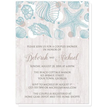 Seashell Whitewashed Wood Beach Couples Shower Invitations at Artistically Invited. Rustic-chic seashell whitewashed wood beach couples shower invitations with a turquoise seashell line drawing with accent tan and white dots over a light whitewashed wood illustration. Your personalized couples shower celebration details are custom printed in tan and brown over the whitewashed wood background below the seashells.