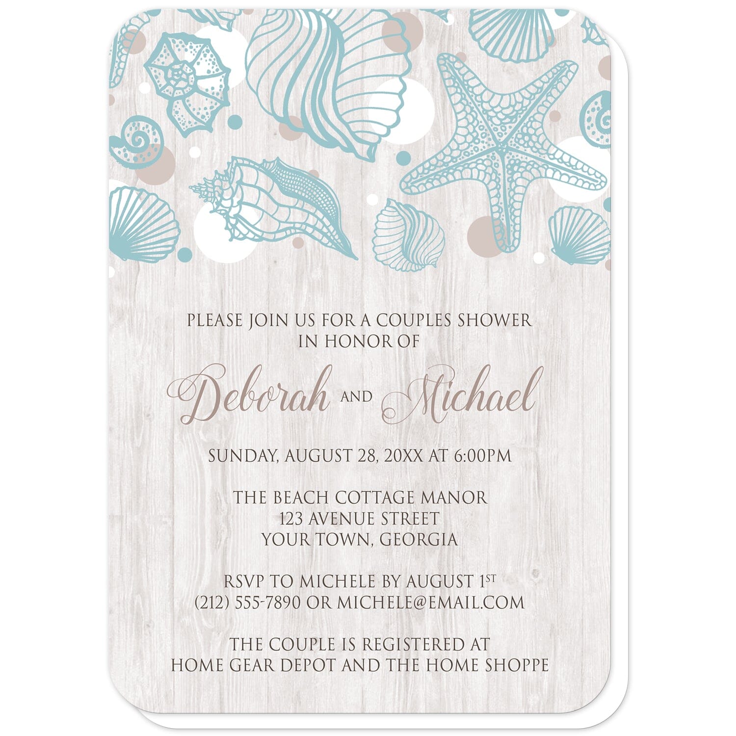 Seashell Whitewashed Wood Beach Couples Shower Invitations (with rounded corners) at Artistically Invited. Rustic-chic seashell whitewashed wood beach couples shower invitations with a turquoise seashell line drawing with accent tan and white dots over a light whitewashed wood illustration. Your personalized couples shower celebration details are custom printed in tan and brown over the whitewashed wood background below the seashells.
