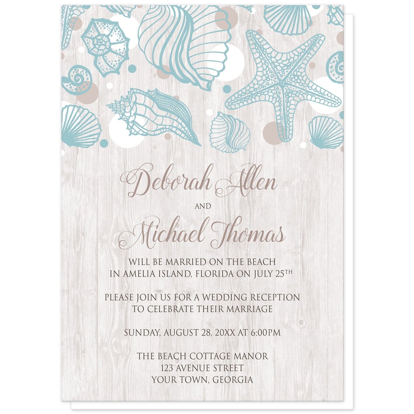 Seashell Whitewashed Wood Beach Reception Only Invitations at Artistically Invited. Rustic-chic seashell whitewashed wood beach reception only invitations with a turquoise seashell line drawing with accent tan and white dots over a light whitewashed wood illustration. Your personalized post-wedding reception details are custom printed in tan and brown over the whitewashed wood background below the seashells.